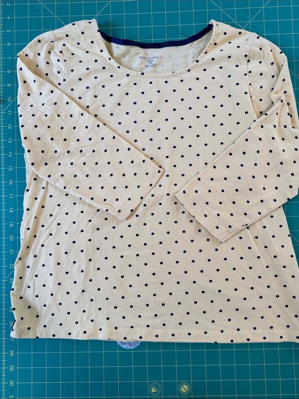 Appleseed's 3/4 Sleeve Knit top, Yellow With Navy Polka Dots, MP